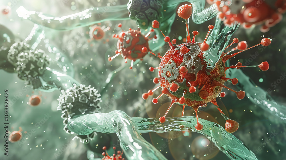 Immersive visualization of nanotech artificial lymph nodes enhancing immune system, showcasing vibrant red and black virus like structures amidst flowing green elements Immersive visualization of nanotech artificial lymph nodes enhancing immune system, showcasing vibrant red and black virus like structures amidst flowing green elements