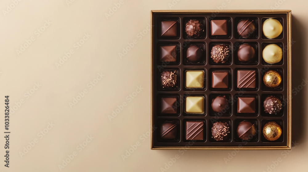 Top view of a luxury chocolate box showcasing multiple varieties in stunning golden hues. The elegant packaging offers ample copy space, making it perfect for celebrations, gifts, and indulgent occasi Top view of a luxury chocolate box showcasing multiple varieties in stunning golden hues. The elegant packaging offers ample copy space, making it perfect for celebrations, gifts, and indulgent occasi