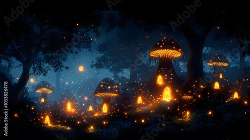 Detailed enchanted forest scene in watercolor, with vibrant trees, glowing mushrooms, and mystical elements photo