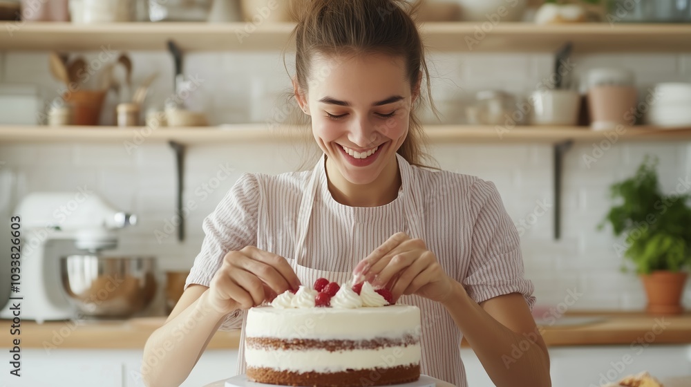 A joyful baker decorates a layer cake with fresh cream and raspberries in a cozy kitchen setting during daylight A joyful baker decorates a layer cake with fresh cream and raspberries in a cozy kitchen setting during daylight