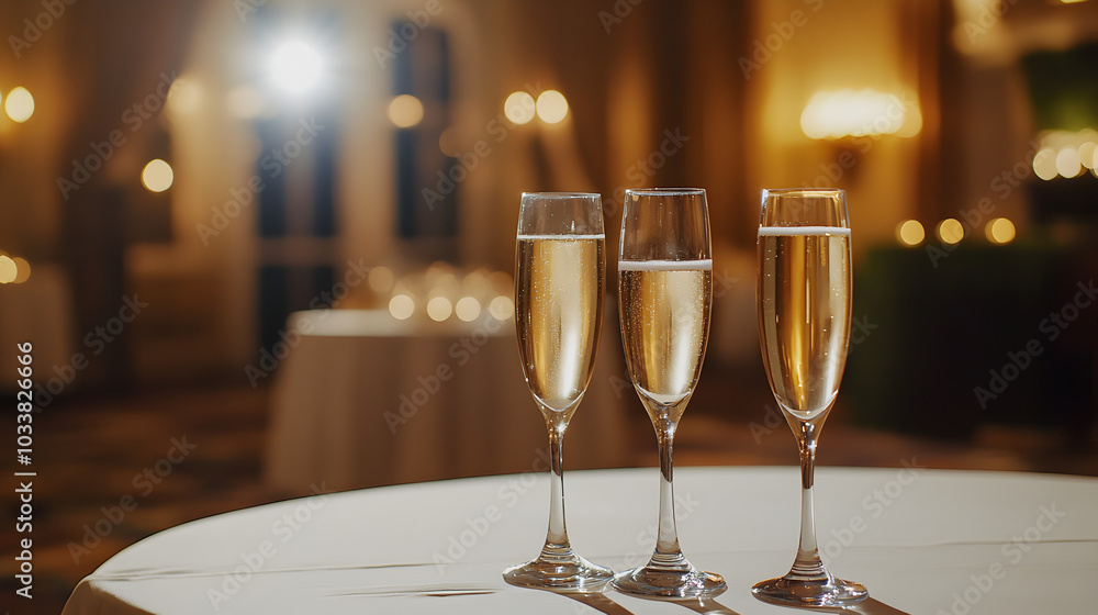 Glasses of champagne standing on a table with a white tablecloth in a room decorated for a festive corporate party. Glasses of champagne standing on a table with a white tablecloth in a room decorated for a festive corporate party.