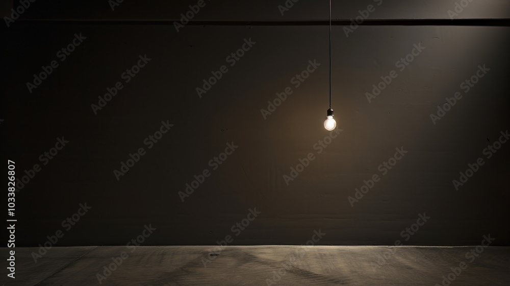 Dark empty room with single flickering light bulb casting long shadows, emphasizing absence of power and eerie atmosphere, minimalist setting with focus on light bulb's glow. Dark empty room with single flickering light bulb casting long shadows, emphasizing absence of power and eerie atmosphere, minimalist setting with focus on light bulb's glow.