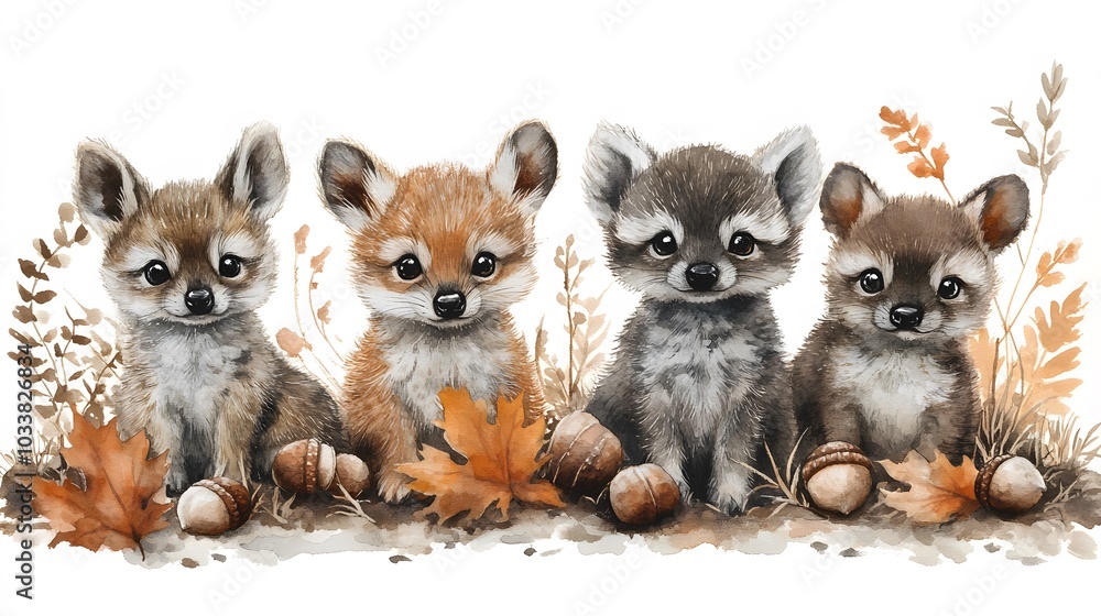 Obraz premium Woodland animals in an autumn setting, hand-painted in watercolor, with vibrant foliage and acorns, ideal for DIY projects