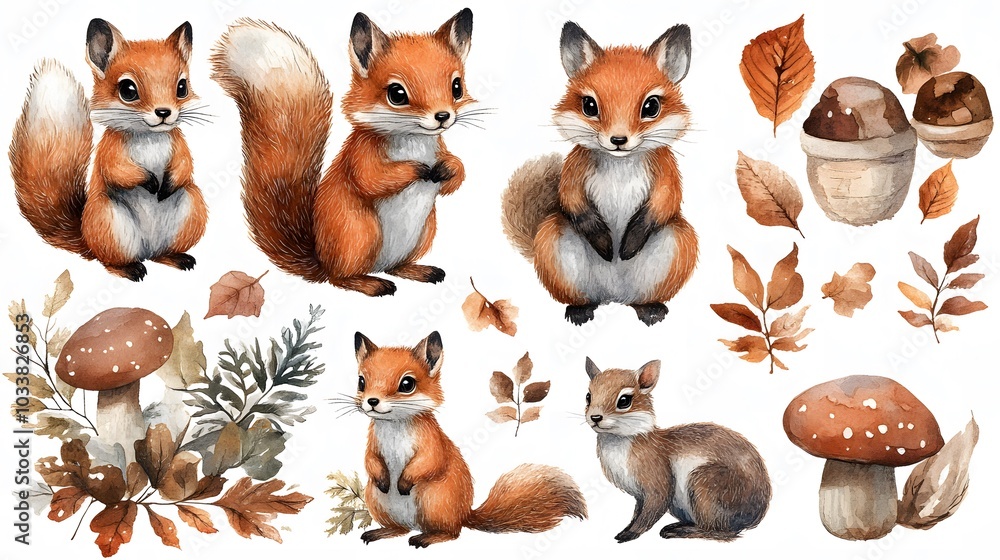 Autumn woodland animals such as foxes, squirrels, and deer hand-painted in watercolor, ideal for nature-themed designs Autumn woodland animals such as foxes, squirrels, and deer hand-painted in watercolor, ideal for nature-themed designs