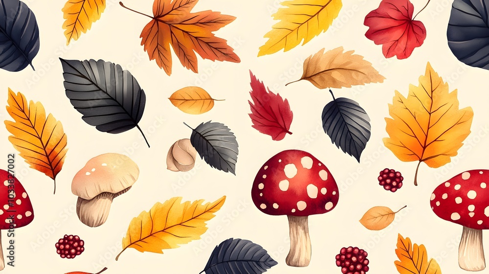 Obraz premium A cozy hand-painted watercolor collection of autumn woodland creatures among vibrant leaves, berries, and mushrooms
