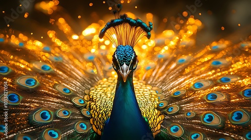 A vibrant peacock with its feathers spread wide in a golden bokeh light.
