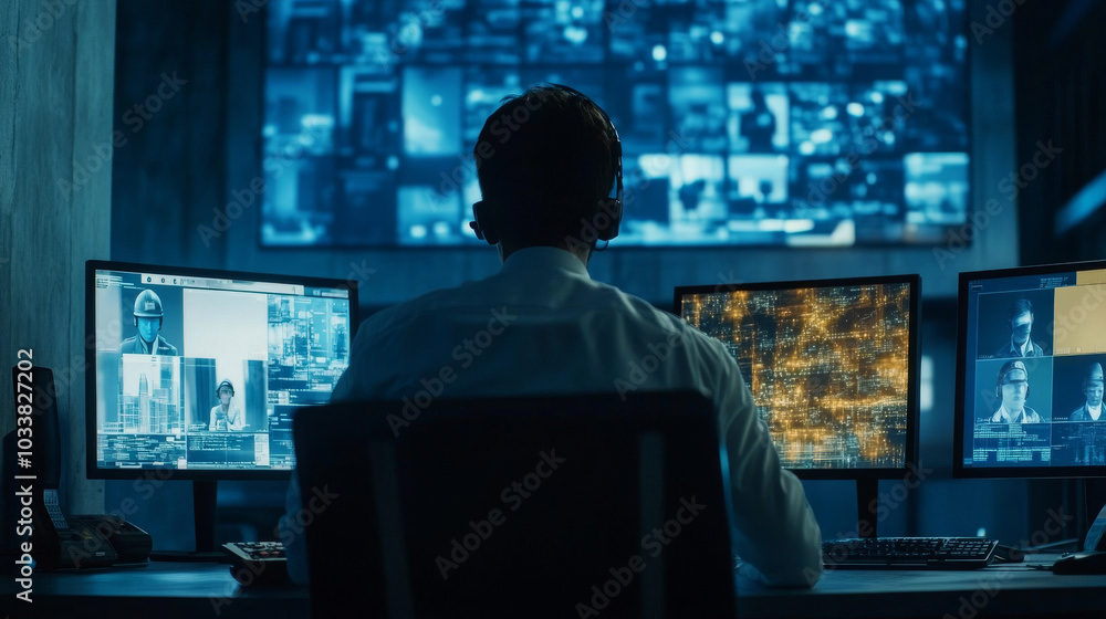 A view of a modern monitoring room for security personnel, featuring computer monitors, a tablet display, and a large digital screen showing surveillance footage from office CCTV cameras in a dimly li