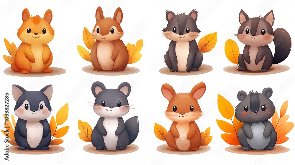 Fototapeta premium Hand-painted watercolor autumn woodland animals collection, featuring soft fall tones and detailed forest creatures