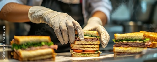 Food handler wearing gloves and a mask preparing sandwiches, focusing on infection control in the food service industry photo