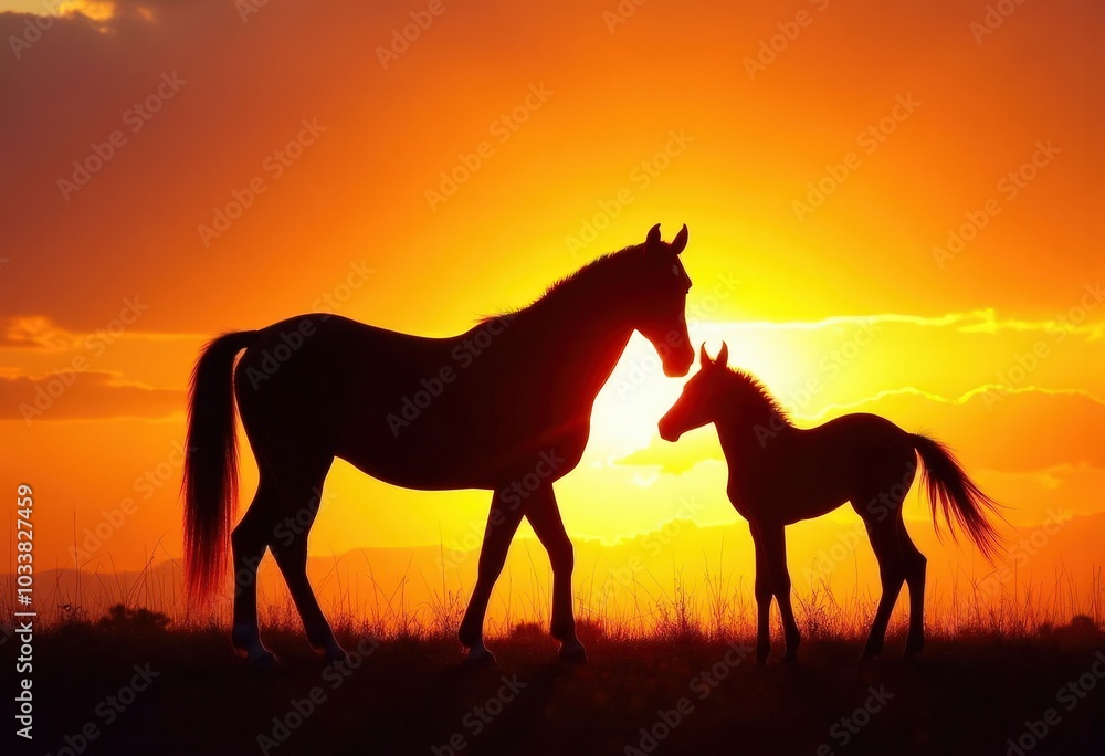 Horse and Foal Silhouette at Sunset . Horse and Foal Silhouette at Sunset .