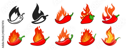 Hot chilli pepper set with fire. Red Hot Chili designs vector isolated on transparent background