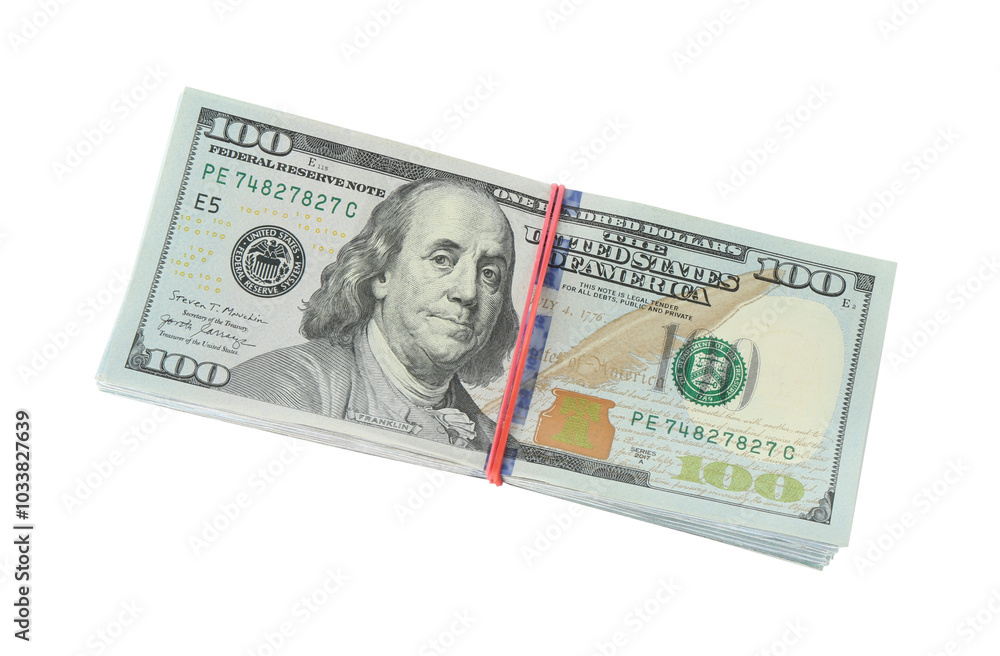 Stack of dollar banknotes isolated on white, top view Stack of dollar banknotes isolated on white, top view