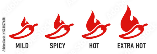 Spicy chili pepper hot fire flame icons. Spice level marks: mild, spicy, hot and extra hot. Fire Chili logo symbol. Spice food symbol icon