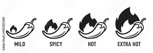 Spicy chili pepper hot fire flame icons. Spice level marks: mild, spicy, hot and extra hot. Fire Chili logo symbol. Spice food symbol icon