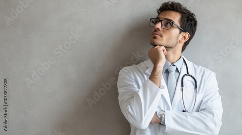 Pensive Male Doctor In White Coat With Stethoscope Looking Up
 photo