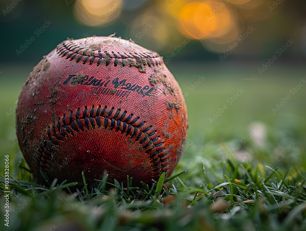 Close Up of a Worn Baseball on Green Grass