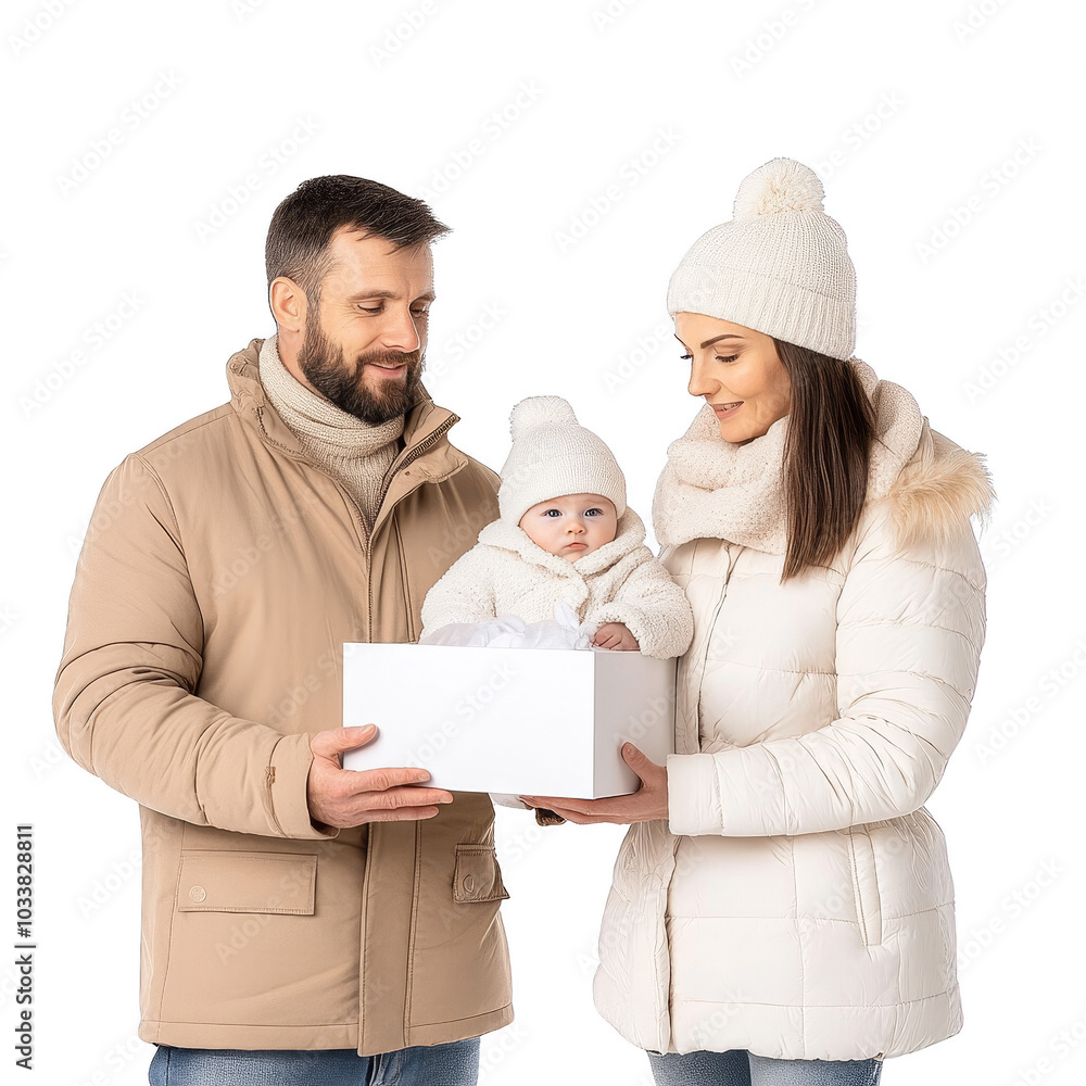Family enjoying a winter day, holding a gift box with a baby in warm attire. Family enjoying a winter day, holding a gift box with a baby in warm attire.