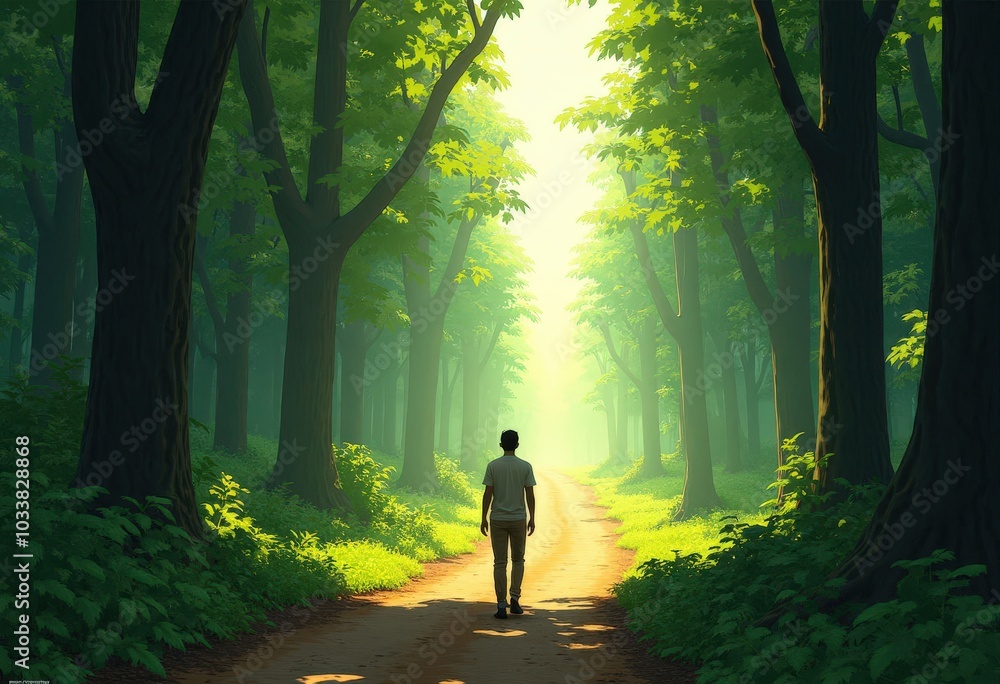 Man Walking Through Forest Path . Man Walking Through Forest Path .