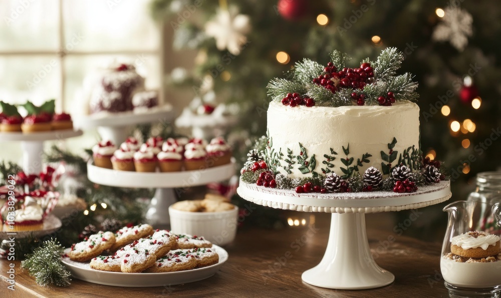 Festive Holiday Cake and Desserts Display on Table Festive Holiday Cake and Desserts Display on Table
