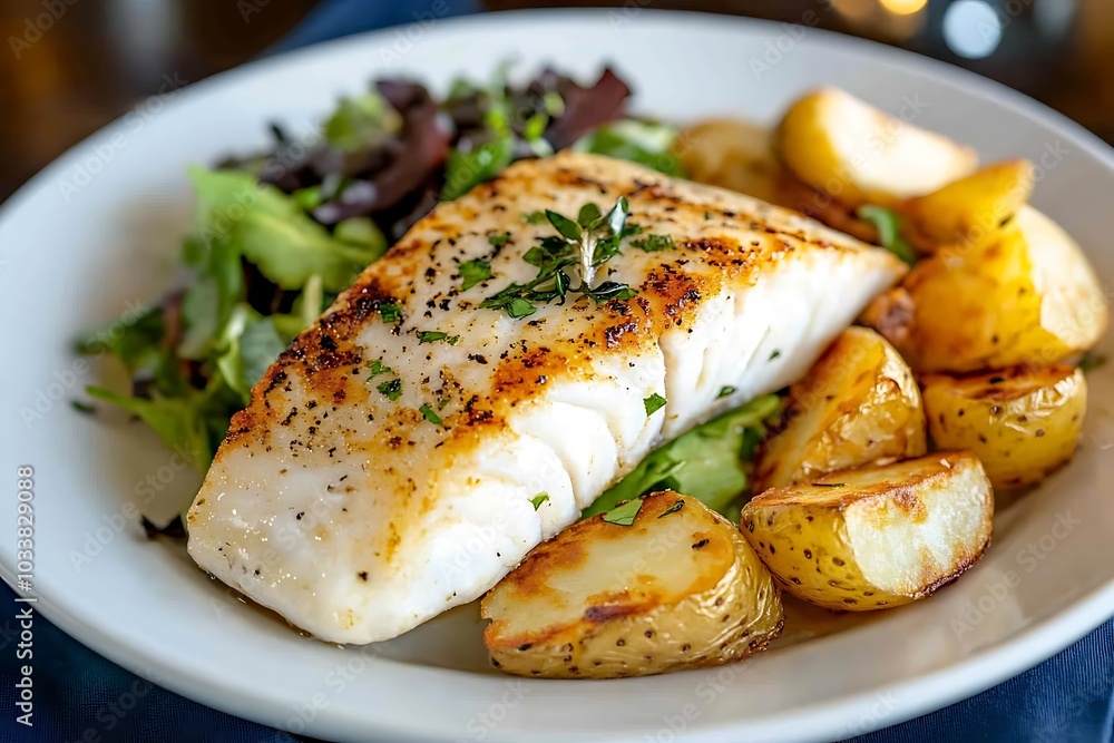 Grilled White Fish Fillet with Roasted Potatoes and Mixed Green Salad Grilled White Fish Fillet with Roasted Potatoes and Mixed Green Salad