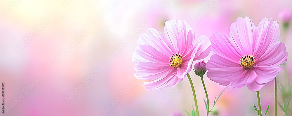 A soft and dreamy composition of pink cosmos flowers in full bloom, set against a pastel-toned background A soft and dreamy composition of pink cosmos flowers in full bloom, set against a pastel-toned background