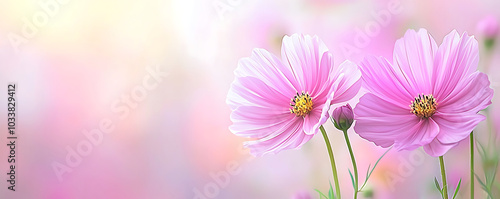 A soft and dreamy composition of pink cosmos flowers in full bloom, set against a pastel-toned background