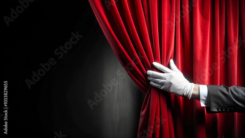 Elegant hand in white glove pulling red curtain aside on dark background