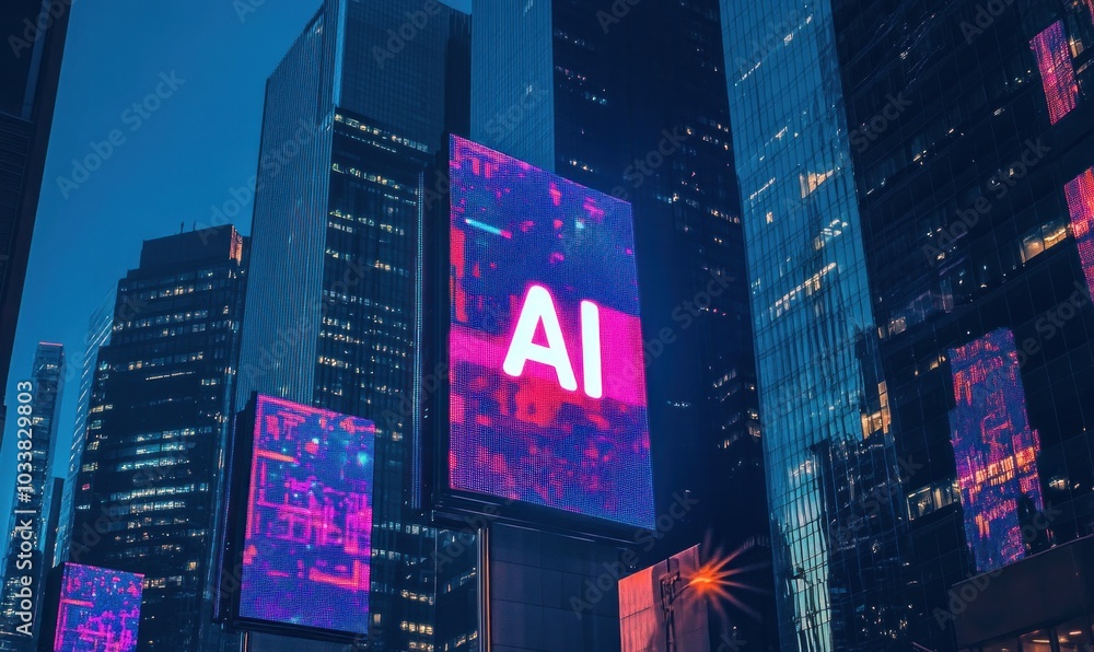 Futuristic Cityscape with AI Billboard at Night Futuristic Cityscape with AI Billboard at Night