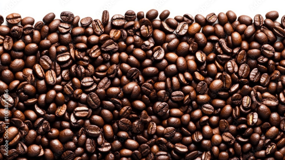 Fototapeta premium Close-up of roasted coffee beans arranged in a horizontal row against a white background.