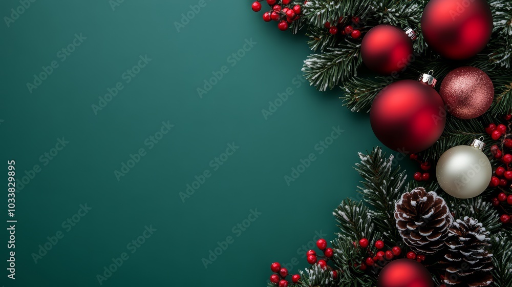 Festive Christmas Ornament Border on Green Background Festive Christmas Ornament Border on Green Background