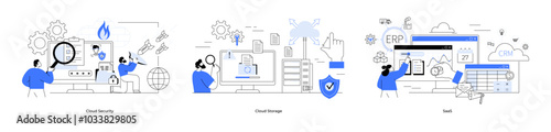 Cloud security, cloud storage, saas. Men utilizing computers and tablets for cyber security, virtual storage and ERP solutions. Technology, cybersecurity, virtual storage, enterprise planning, digital