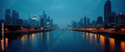 Night City Skyline with River Reflection .