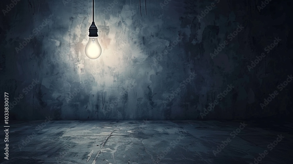 Dark empty room with single flickering light bulb casting long shadows, emphasizing absence of power and eerie atmosphere, minimalist setting with focus on light bulb's glow. Dark empty room with single flickering light bulb casting long shadows, emphasizing absence of power and eerie atmosphere, minimalist setting with focus on light bulb's glow.