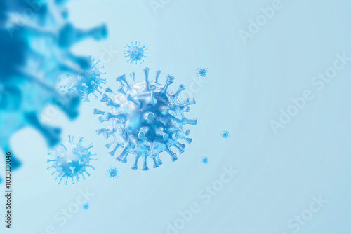 Blue Covid, respiratory virus molecules, on a blue background, in the air. Banner 3d seasonal flu, rotavirus, pandemic and epidemic formation, advertising and news copyspace photo