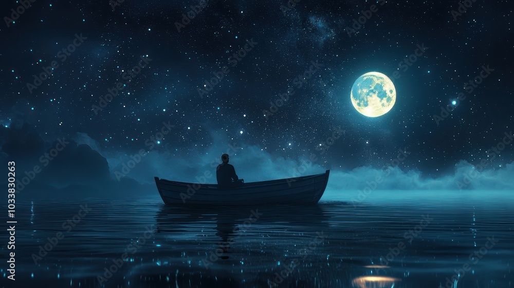 Night Scenery of a Man Rowing Among Glowing Moons Night Scenery of a Man Rowing Among Glowing Moons