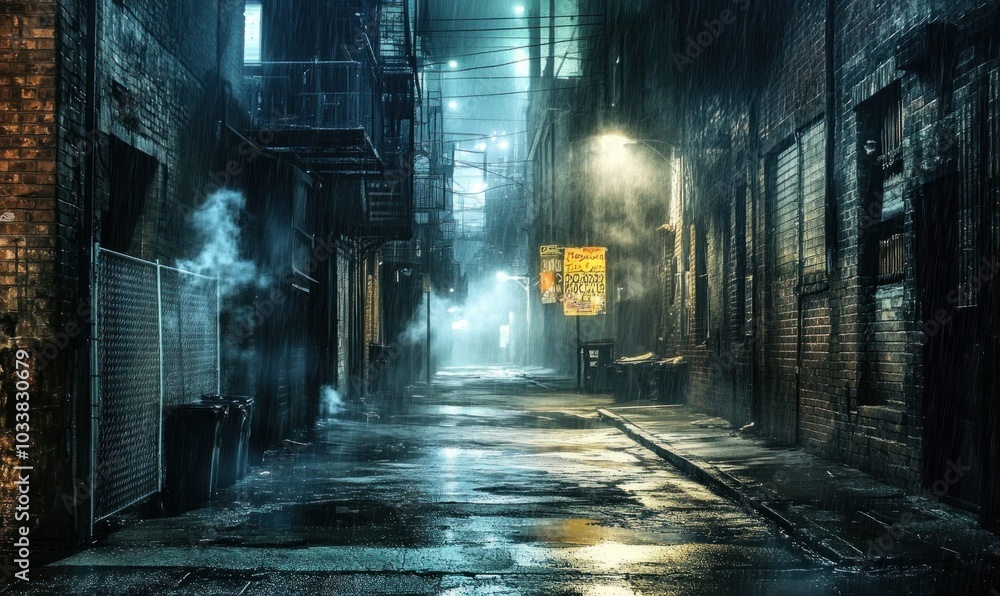 Rainy Urban Alley with Dramatic Lighting at Night Rainy Urban Alley with Dramatic Lighting at Night