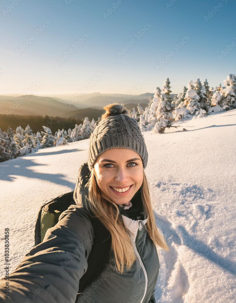 traveler woman with backpack taking selfie portrait walking in mountains, happy girl having fun outdoors traveler woman with backpack taking selfie portrait walking in mountains, happy girl having fun outdoors