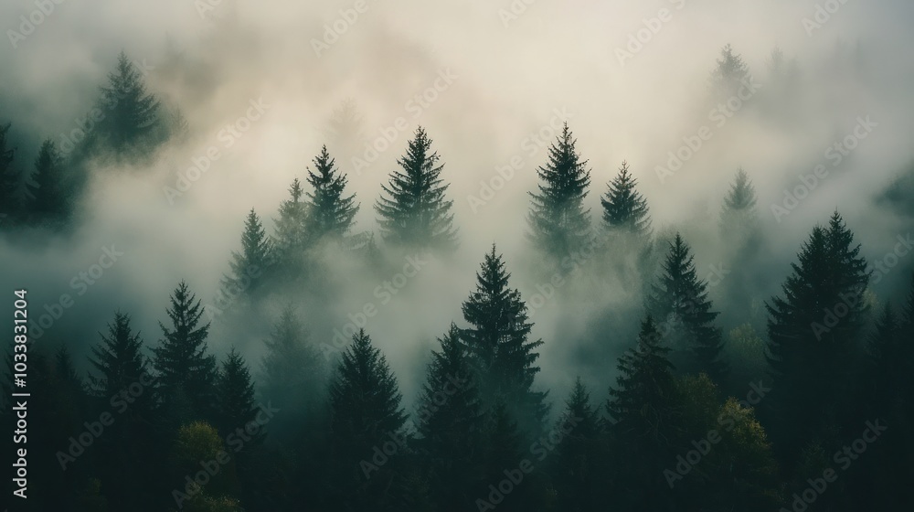Mystical Morning with Tall Trees in Fog Mystical Morning with Tall Trees in Fog
