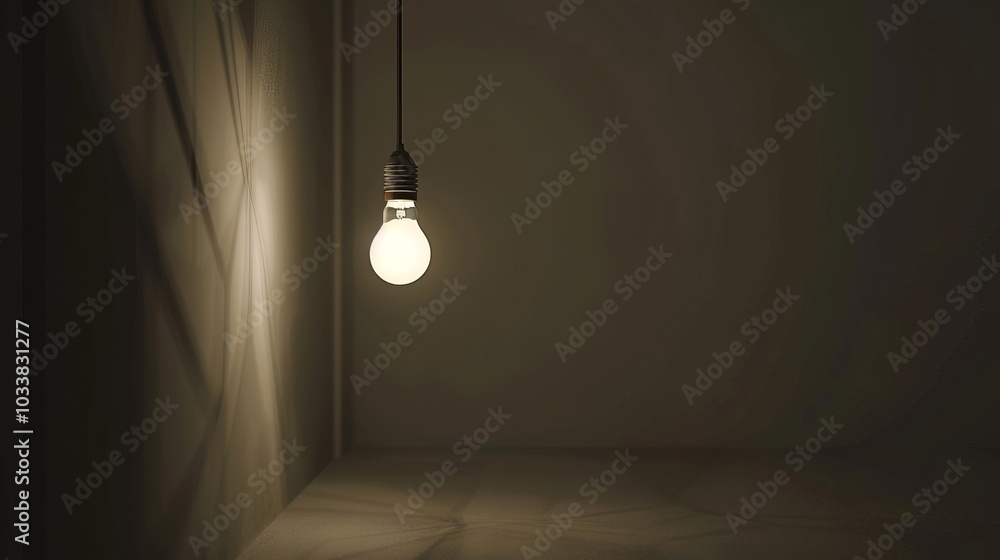 Dark empty room with single flickering light bulb casting long shadows, emphasizing absence of power and eerie atmosphere, minimalist setting with focus on light bulb's glow. Dark empty room with single flickering light bulb casting long shadows, emphasizing absence of power and eerie atmosphere, minimalist setting with focus on light bulb's glow.