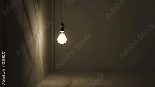 Dark empty room with single flickering light bulb casting long shadows, emphasizing absence of power and eerie atmosphere, minimalist setting with focus on light bulb's glow.