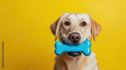 Labrador Retriever Holding Blue Bone Toy Against Bright Yellow Background 