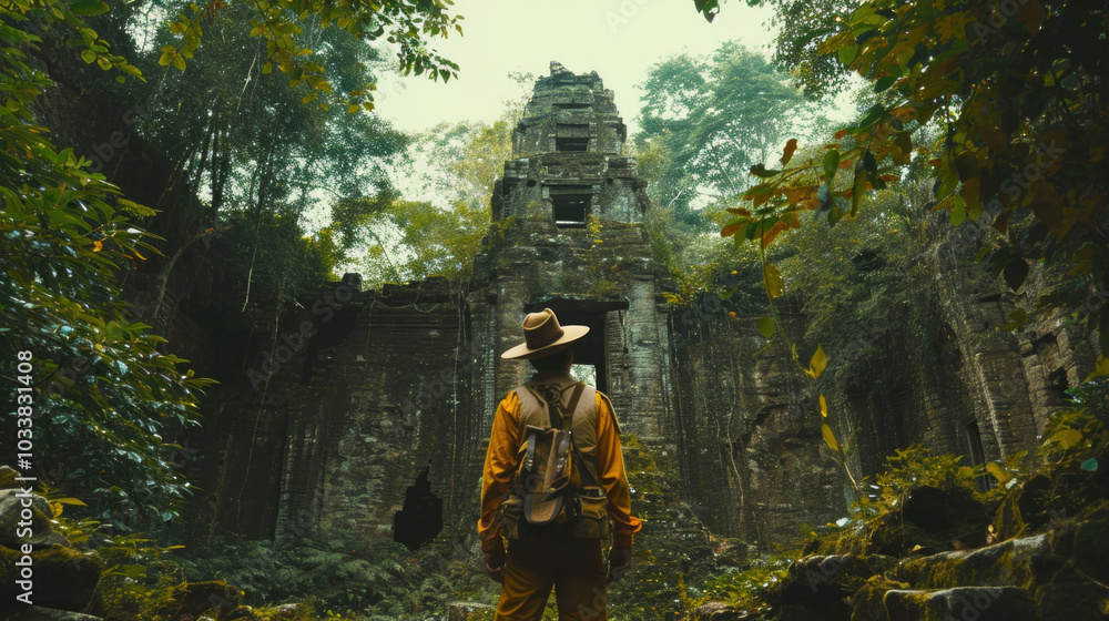 A man wearing a classic cowboy hat stands confidently in front of a heavily ruined and dilapidated building, showcasing its worn features A man wearing a classic cowboy hat stands confidently in front of a heavily ruined and dilapidated building, showcasing its worn features