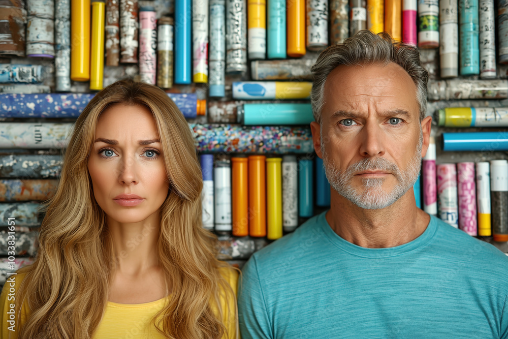 Obraz premium A man and a woman are standing in front of a wall of books. The man is wearing a blue shirt and the woman is wearing a yellow shirt.