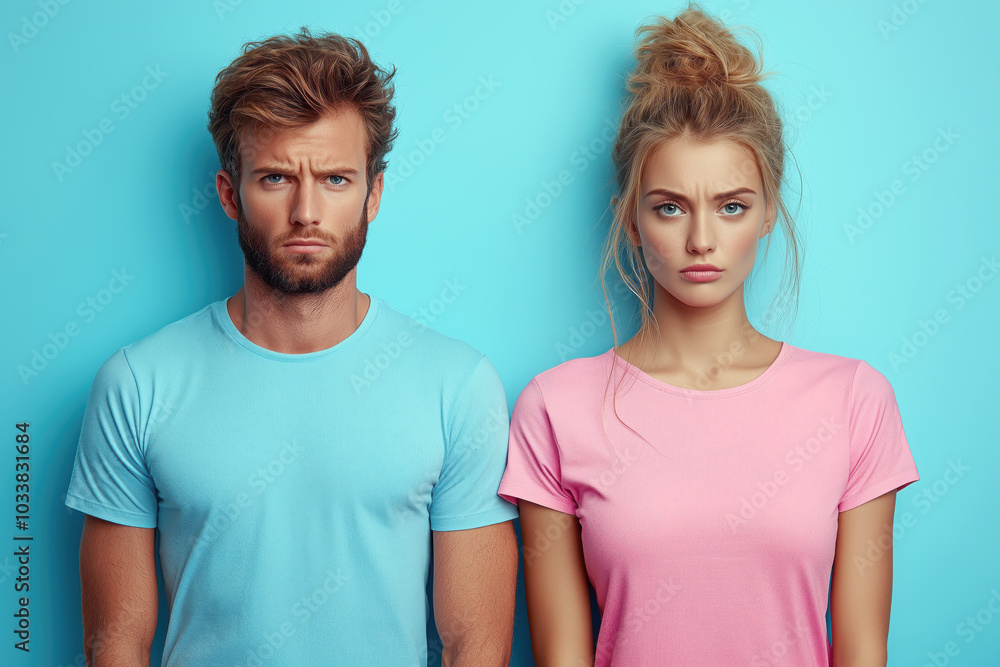 A man and a woman are standing next to each other. They both look unhappy and are frowning A man and a woman are standing next to each other. They both look unhappy and are frowning
