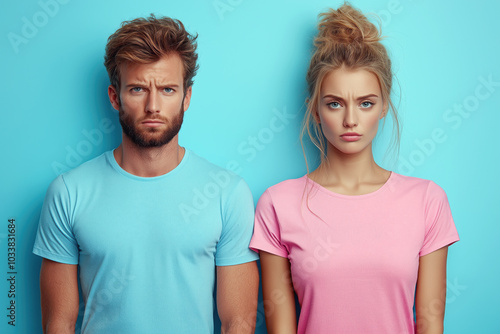 A man and a woman are standing next to each other. They both look unhappy and are frowning