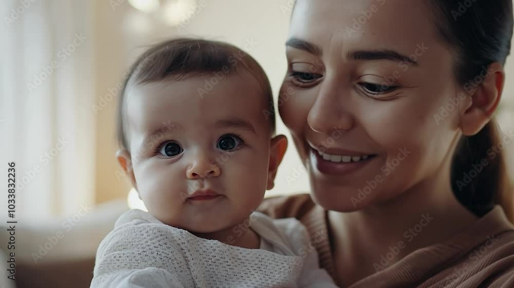 Mother holds her smiling baby, both gazing off-camera. Their expressions radiate warmth and joy, capturing a moment of love and connection in a serene indoor setting Mother holds her smiling baby, both gazing off-camera. Their expressions radiate warmth and joy, capturing a moment of love and connection in a serene indoor setting