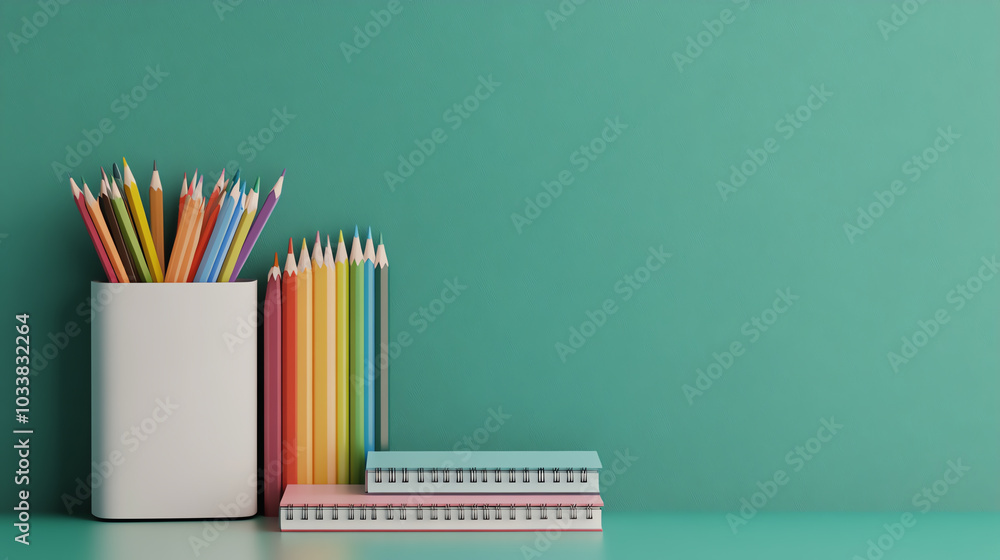 A collection of colorful pencils in a white holder next to stacked notebooks on a sleek surface, against a vibrant teal background. A collection of colorful pencils in a white holder next to stacked notebooks on a sleek surface, against a vibrant teal background.