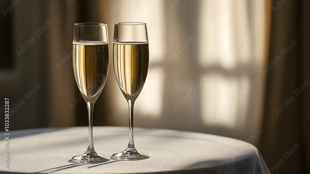 Champagne glasses standing on a table with a white tablecloth. Champagne glasses standing on a table with a white tablecloth.