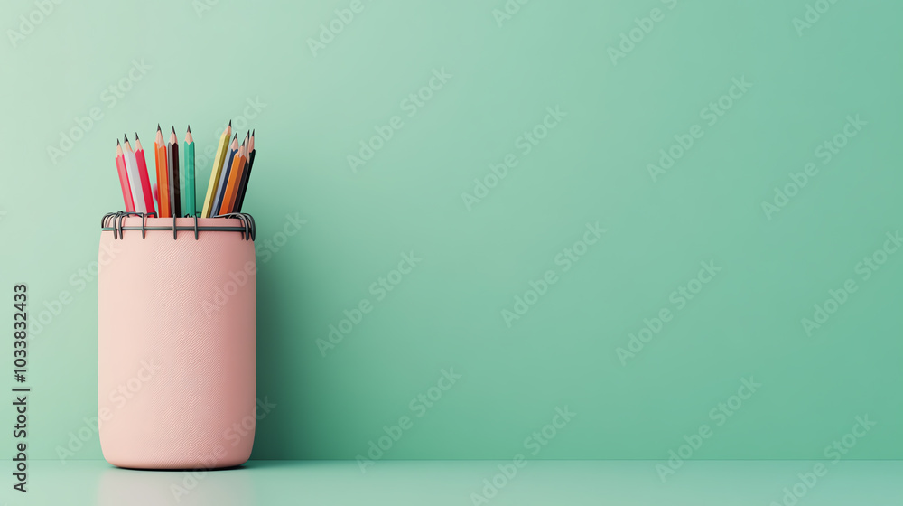 A pastel pink jar filled with colorful pens and pencils sits against a mint green background, creating a vibrant and artistic workspace aesthetic. A pastel pink jar filled with colorful pens and pencils sits against a mint green background, creating a vibrant and artistic workspace aesthetic.