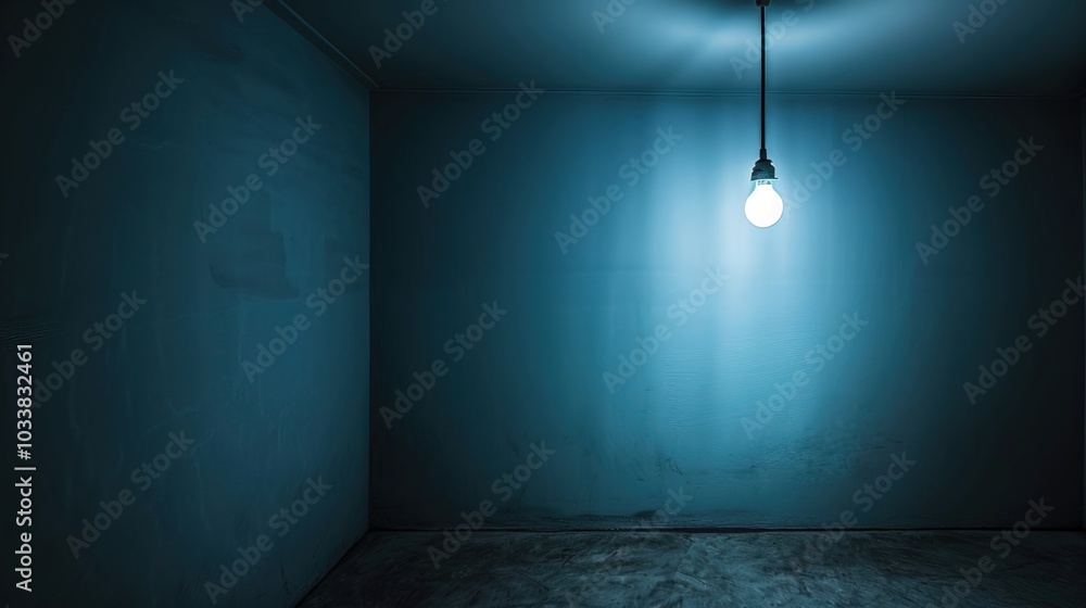 Dark empty room with single flickering light bulb casting long shadows, emphasizing absence of power and eerie atmosphere, minimalist setting with focus on light bulb's glow. Dark empty room with single flickering light bulb casting long shadows, emphasizing absence of power and eerie atmosphere, minimalist setting with focus on light bulb's glow.
